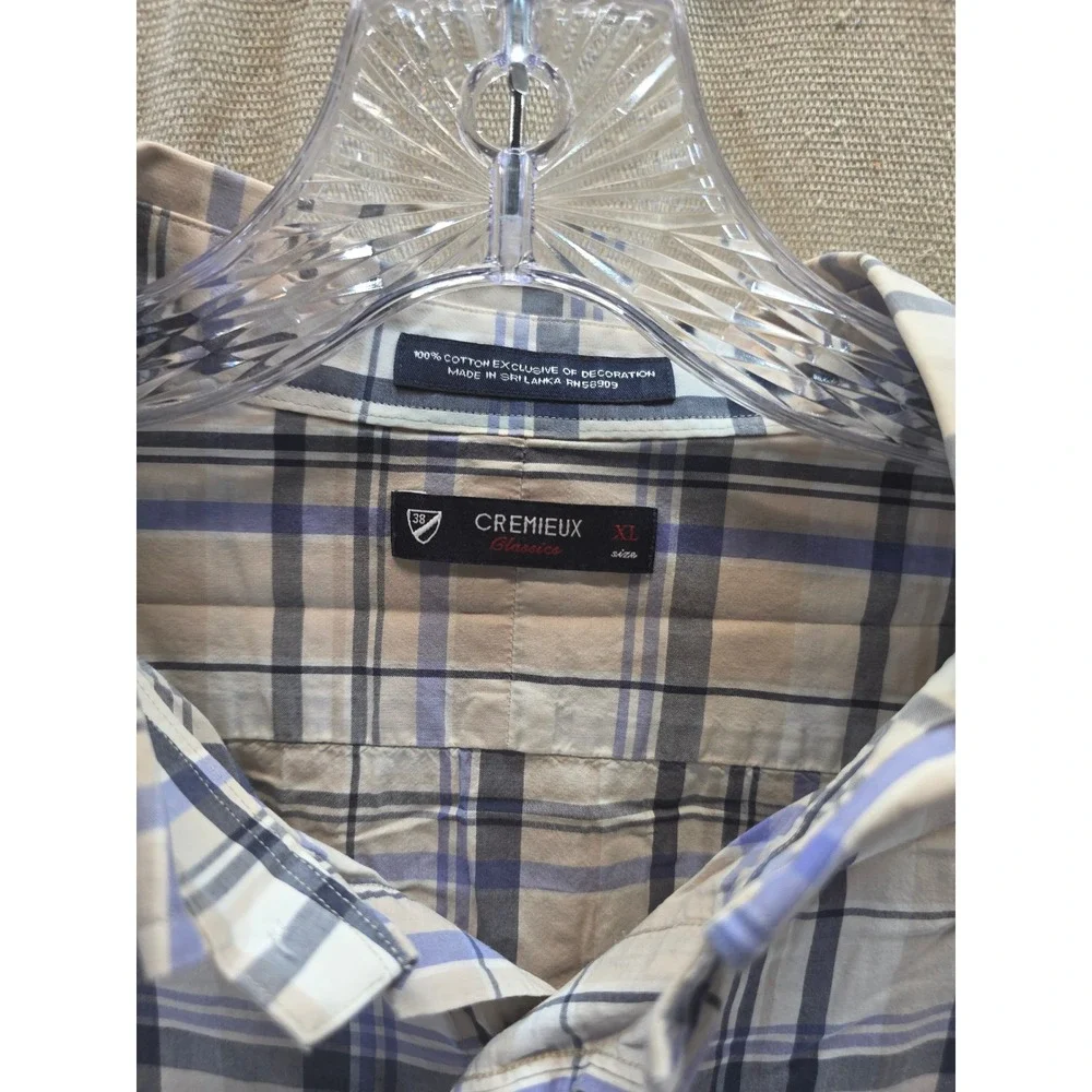 Cremieux Classics Mens XL Blue Tan Plaid Cotton Short‎ Sleeve Button Down Shirt